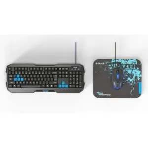 E-BLUE Sada klávesnica Polygon, herná, čierno-modrá, drôtová (USB), US, s myškou Cobra II, a podložkou Mazer Marface S EKM820BK