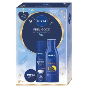 Nivea Feel Good darčeková kazeta telové mlieko Body Milk Firming Q10 250 ml + antiperspirant Protect & Care 150 ml + univerzálny krém 30 ml pre ženy