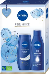 Nivea Feel Good darčeková kazeta sprchovací gél Creme Care 250 ml + telové mlieko Body Milk Rich Nourishing 250 ml pre ženy