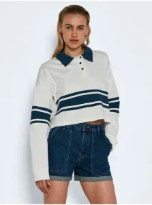 Blue and White Cropped T-Shirt with Collar Noisy May Abi - Women #720866