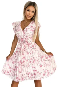 374-6 POLINA Plisowana sukienka z dekoltem i falbankami - RÓŻOWE KWIATY #7369922