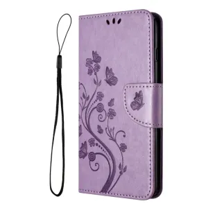 Peňaženkové puzdro Embossing Pattern Motýľ a kvet fialové – Samsung Galaxy A05s