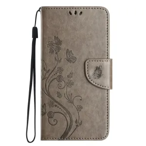 Peňaženkové puzdro Embossing Pattern Motýľ a kvet sivé– Samsung Galaxy A15 4G/5G