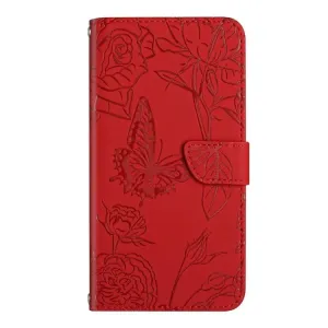 Peňaženkové puzdro Embossing Pattern Motýľ a ruže červené – Motorola Moto G34 5G