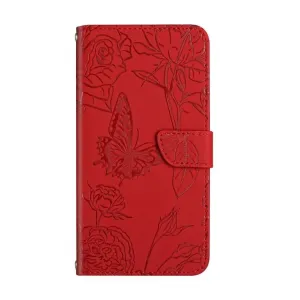 Peňaženkové puzdro Embossing Pattern Motýľ a ruže červené – Motorola Moto G54 5G / G54 5G Power Edition