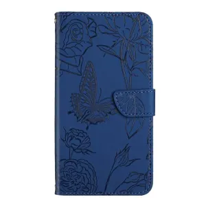 Peňaženkové puzdro Embossing Pattern Motýľ a ruže modré – Motorola Moto G34 5G