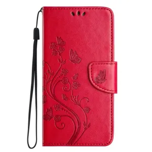 Peňaženkové puzdro Embossing Pattern Motýľ a kvet červené – Samsung Galaxy A35 5G
