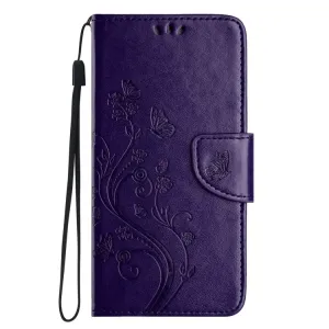 Peňaženkové puzdro Embossing Pattern Motýľ a kvet tmavofialové – Samsung Galaxy A35 5G