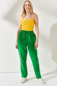 Olalook Dámske trávnaté zelené mušelínové nohavice s elastickým pásom a pásom