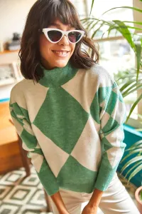 Olalook Women's Mint Ecru Half Turtleneck Soft Textured Thick Knitwear Sweater