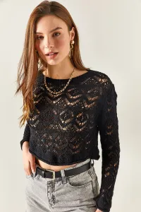 Olalook Women's Black Crop Knitwear Blouse with Cut-Out Detail and Openwork