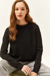 Olalook Dámsky Čierny Pompom Jemný textúrovaný pletený sveter