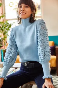 Olalook Dámsky Baby Modrý rukáv detailný mäkký textúrovaný pletený sveter