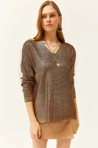 Olalook Women's Bronze V-Neck Loose Metallic Knitwear Sweater