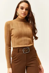 Olalook Women's Camel Half Turtleneck Zigzag Textured Soft Knitwear Sweater