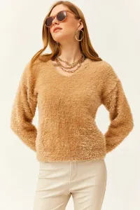 Olalook Women's Camel V-Neck Bearded Soft Textured Knitwear Sweater