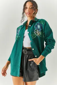 Olalook Women's Floral Emerald Green Stamp Sequin Detail Oversize Cachet Shirt