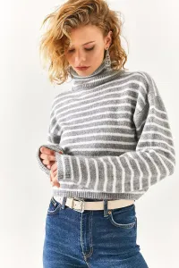 Olalook Women's Gray Turtleneck Striped Soft Textured Crop Sweater