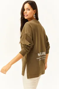 Olalook Women's Khaki Side Slit Printed Pieced Oversize Sweatshirt