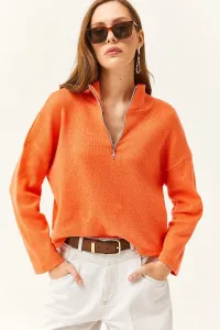 Olalook Dámsky Oranžový Zips Vysoký Výstrih Zdvihnutý sveter