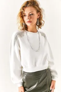 Olalook Women's White White With Chain Shoulder Garnish Fleece Inner Crop Sweatshirt