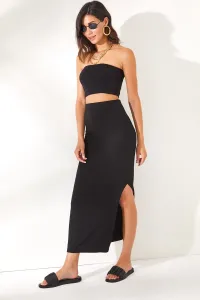Olalook Women's Black Top Strapless Skirt Set with Slits