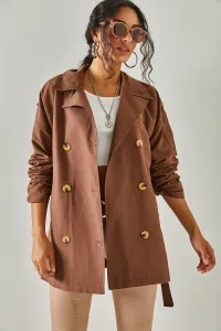 Olalook Women's Bitter Brown Belted Short Trench Coat Without Lining