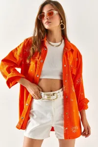 Olalook Dámska oranžová vyšívaná oversized bavlnená košeľová bunda s vreckom