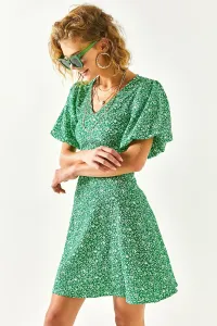Olalook Dámska tráva zelená výstrih do V, detail rukávov, zips, svetlicové šaty