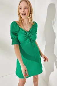 Dámske hladké zelené pletené šaty Olalook s pláchnutými prednými plisovanými rukávmi a trieskom