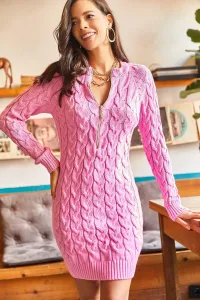 Olalook Women's Candy Pink Zippered Hair Braided Knitwear Dress