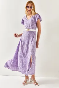 Olalook Dámske fialové plecia s výstrihom do V detailný rozpark, tkané viskózové šaty