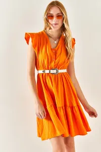 Dámske oranžové viskózové šaty Olalook s volánovým ramenom a gombíkmi #7831835