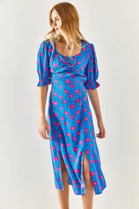 Olalook Dámske saskovo-modré srdcové golierové šaty s dvojitým rozparkom tkané viskózové šaty #7972974