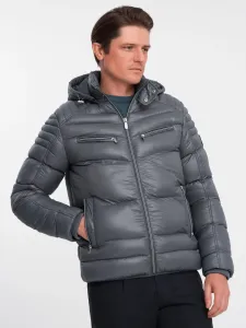 Ombre Men's quilted winter jacket with decorative zippers - graphite #8782476
