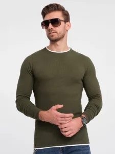 Ombre Men's cotton sweater with round neckline - dark olive #8963831