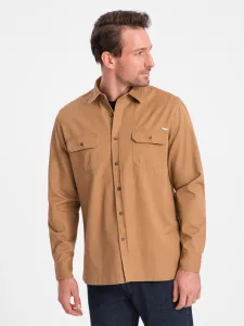 Ombre Men's REGULAR FIT cotton shirt with buttoned pockets - camel
