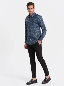 Ombre Men's SLIM FIT patterned cotton shirt - dark blue #8964669