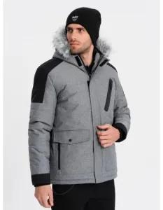 Pánska dlhá zimná bunda s odnímateľnou kožušinou V1 OM-JAHP-0144 sivá a čierna