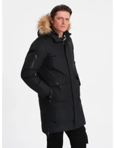 Pánska zimná bunda s odnímateľnou kožušinovou kapucňou ALASKAN čierna