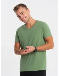 Pánske klasické bavlnené tričko s výstrihom BASIC zelené