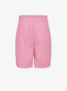 Ľanové šortky Only dámske, ružová farba, jednofarebné, vysoký pás