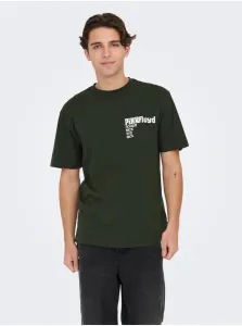 Men's Dark Green Short Sleeve T-Shirt ONLY & SONS Pink Fl - Men #8268862