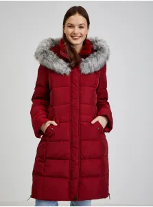 Vínový dámsky páperový zimný kabát s kapucňou a umelým kožúškom ORSAY #4550860