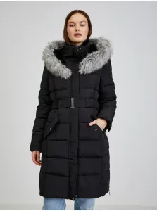 Čierny dámsky páperový zimný kabát s kapucňou a umelým kožúškom ORSAY #4550855