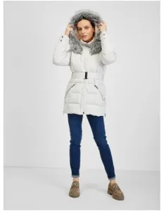 Krémová dámska zimná prešívaná bunda s opaskom