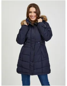 Tmavomodrý dámsky prešívaný zimný kabát s odnímateľnou kapucňou s kožušinou 34