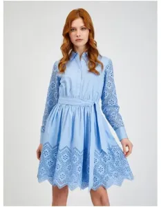 Modré dámske perforované košeľové šaty s viazankou