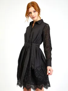 Orsay Čierne dámske perforované košeľové šaty s kravatou - dámske #6516433