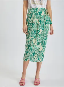 Krémovo-zelená dámska vzorovaná zavinovacia midi sukňa s prímesou ľanu ORSAY #6157920